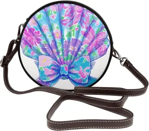 Neon Seashell Tropical Floral Pattern Women Round Crossbody Bags Leather Sling Bag Purse