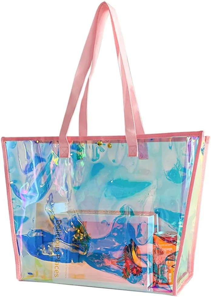 ONEART Clear Holographic Tote Bags, Iridescent Waterproof Top Handle Bag, Clear Jelly Totes Vocation Party Beach Bag