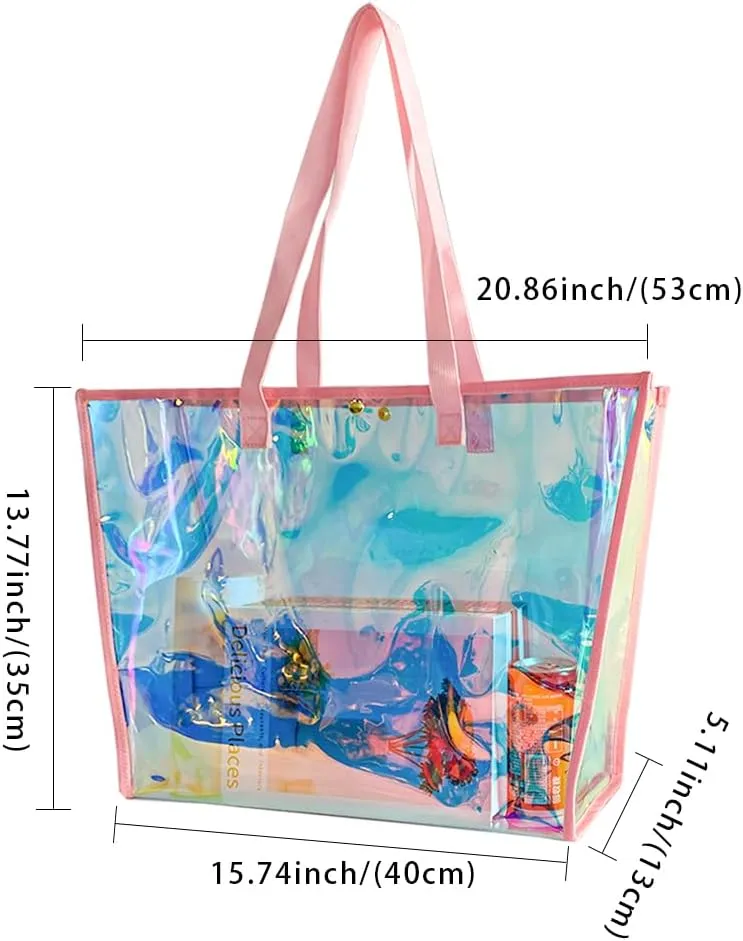 ONEART Clear Holographic Tote Bags, Iridescent Waterproof Top Handle Bag, Clear Jelly Totes Vocation Party Beach Bag