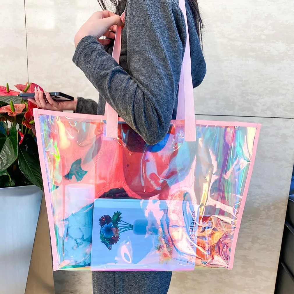 ONEART Clear Holographic Tote Bags, Iridescent Waterproof Top Handle Bag, Clear Jelly Totes Vocation Party Beach Bag