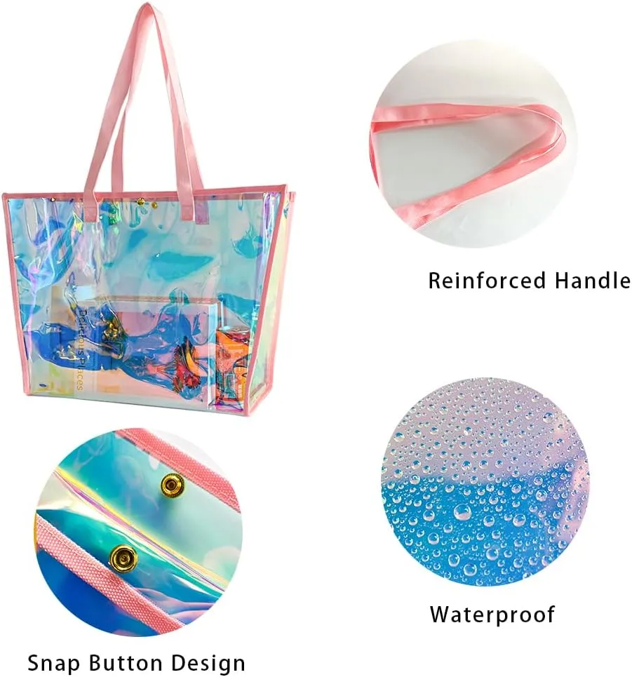 ONEART Clear Holographic Tote Bags, Iridescent Waterproof Top Handle Bag, Clear Jelly Totes Vocation Party Beach Bag