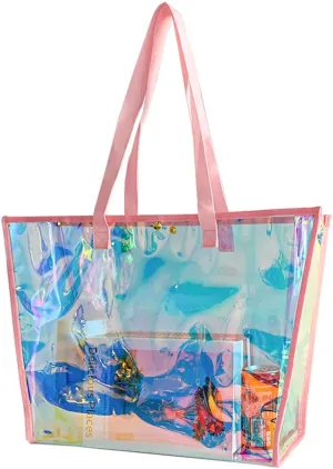 ONEART Clear Holographic Tote Bags, Iridescent Waterproof Top Handle Bag, Clear Jelly Totes Vocation Party Beach Bag