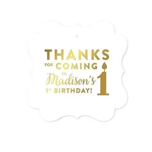 Personalized Metallic Gold Ink Thanks for Coming Fancy Frame Square Birthday Gift Tags