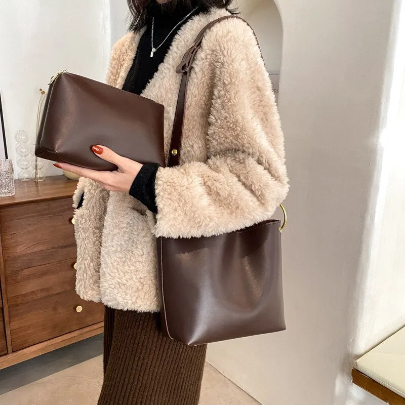 Retro Simple Solid Color PU Leather Crossbody Bag For Women 2021 Shoulder Brand Designer Ladies Luxury Casual Bucket Bag Handbag