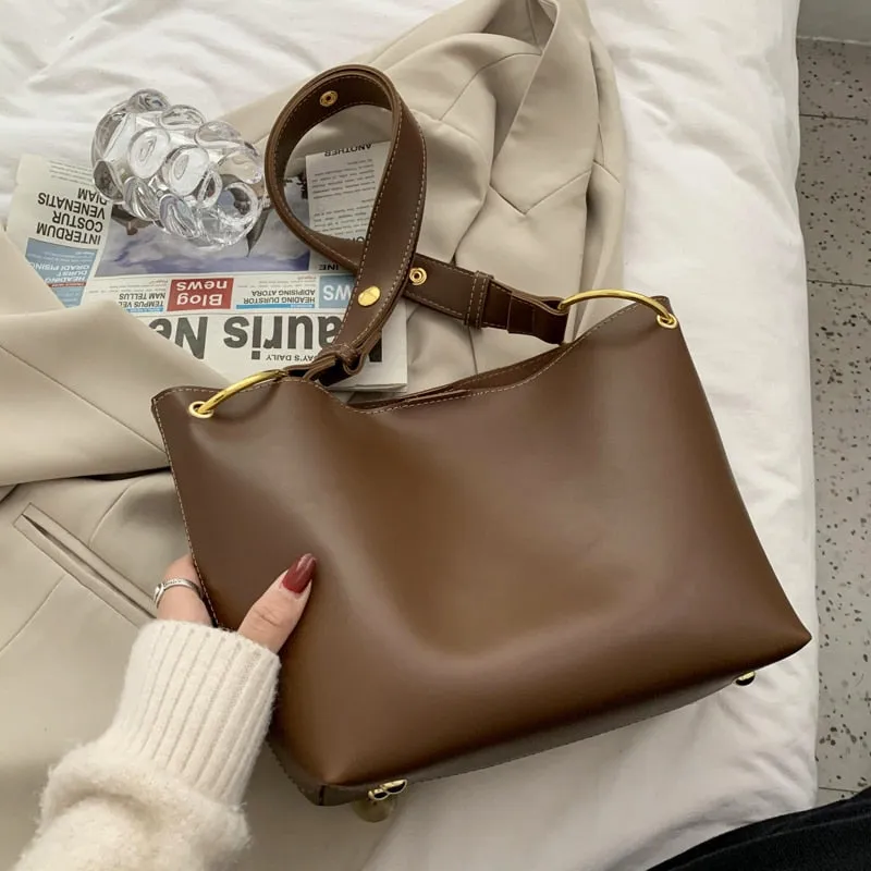 Retro Simple Solid Color PU Leather Crossbody Bag For Women 2021 Shoulder Brand Designer Ladies Luxury Casual Bucket Bag Handbag