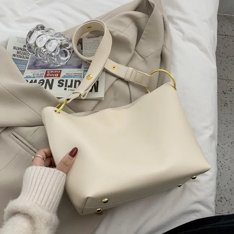Retro Simple Solid Color PU Leather Crossbody Bag For Women 2021 Shoulder Brand Designer Ladies Luxury Casual Bucket Bag Handbag