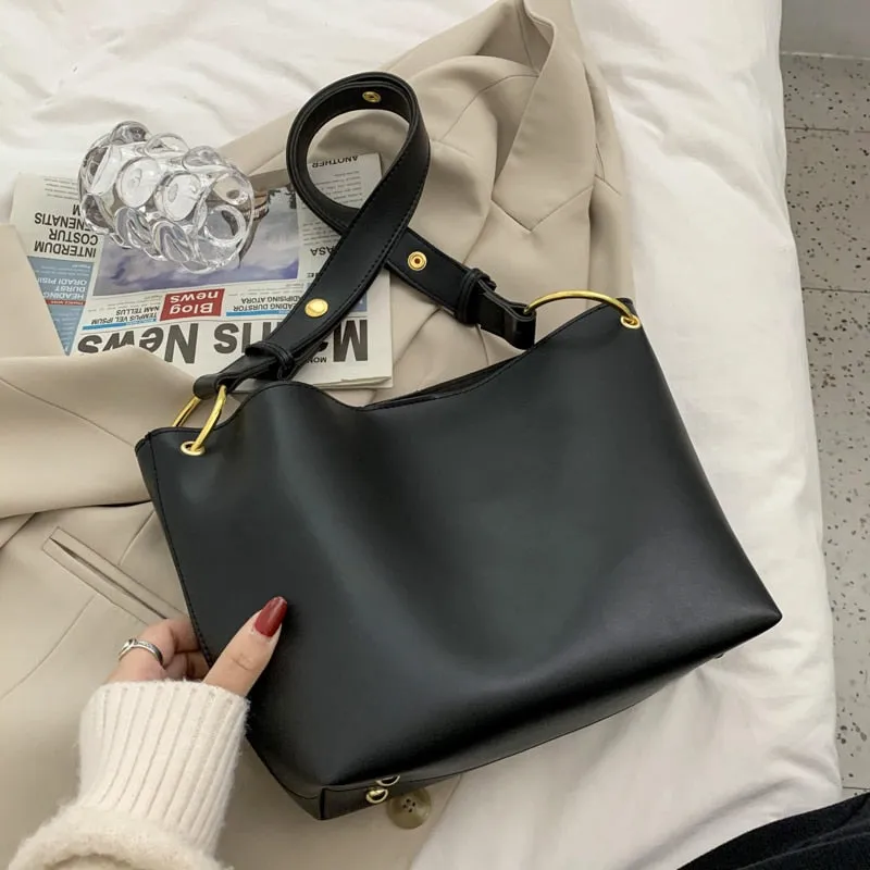 Retro Simple Solid Color PU Leather Crossbody Bag For Women 2021 Shoulder Brand Designer Ladies Luxury Casual Bucket Bag Handbag