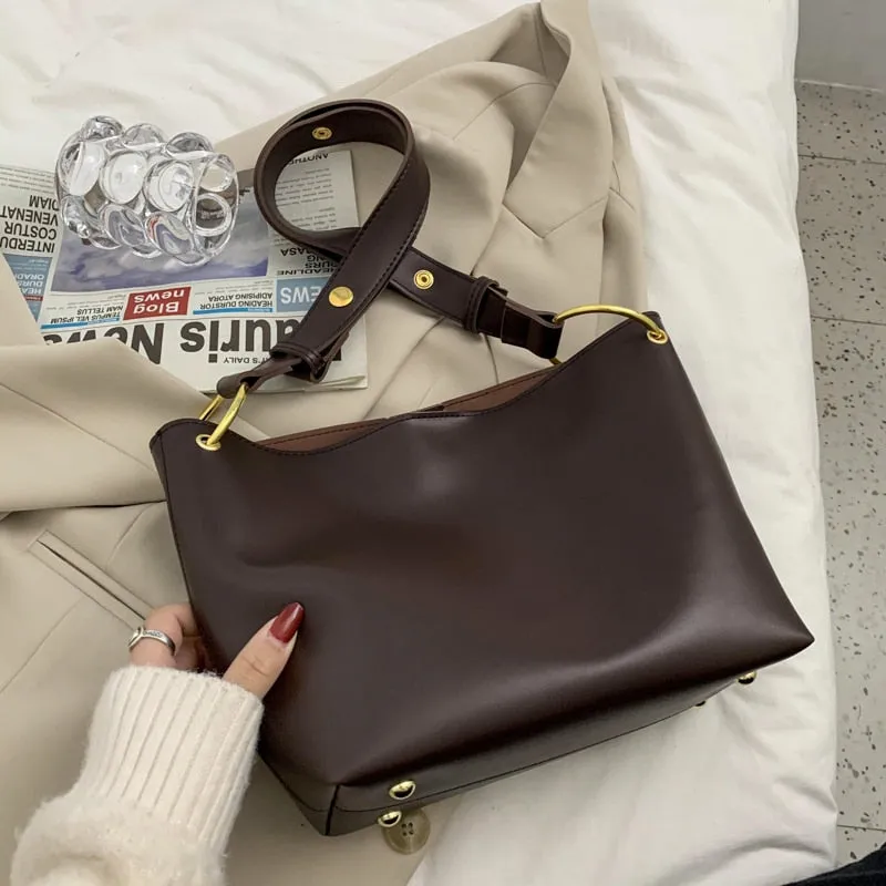 Retro Simple Solid Color PU Leather Crossbody Bag For Women 2021 Shoulder Brand Designer Ladies Luxury Casual Bucket Bag Handbag