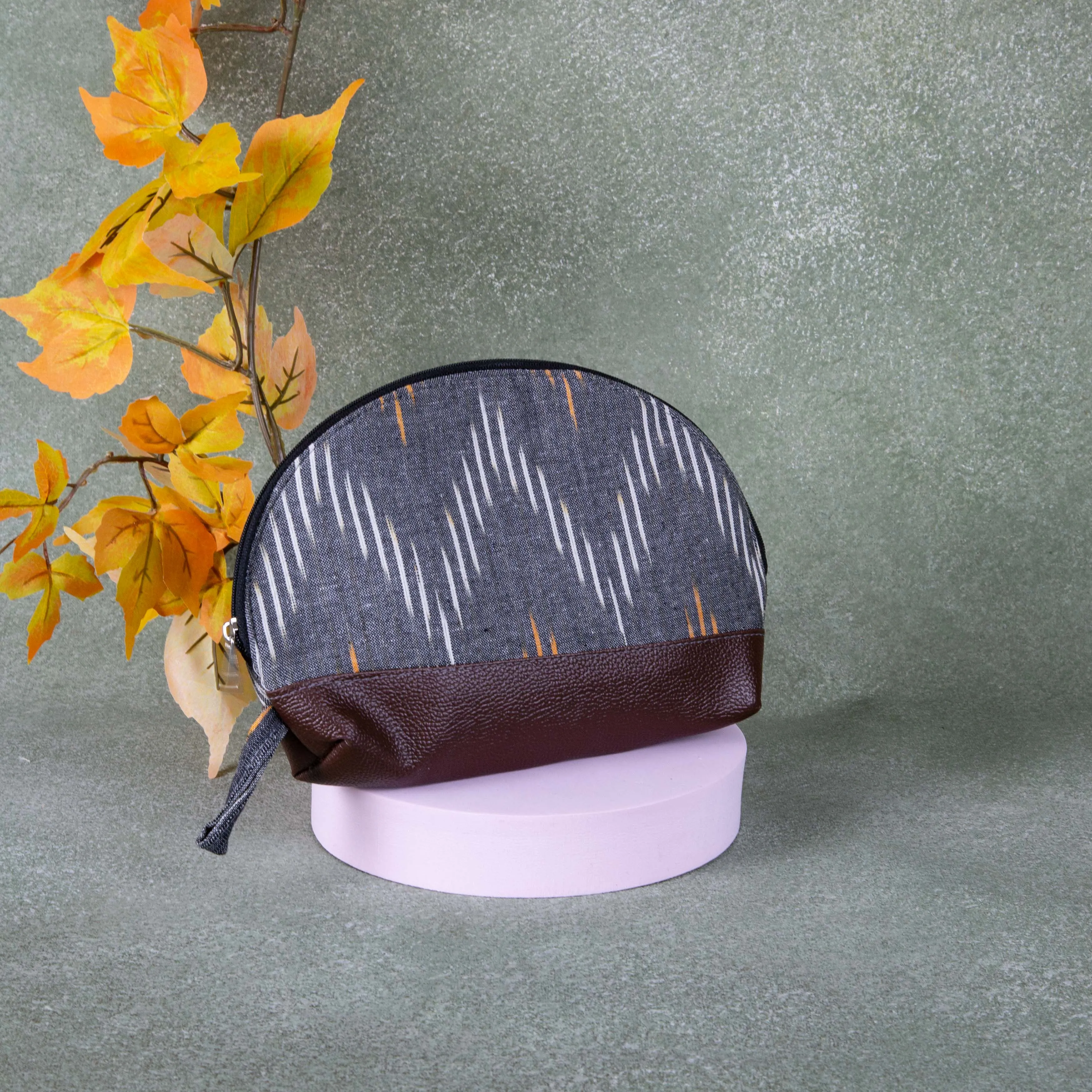 Sarus Crane Series Half Moon Vanity pouch Grey Colour With White Line Design.