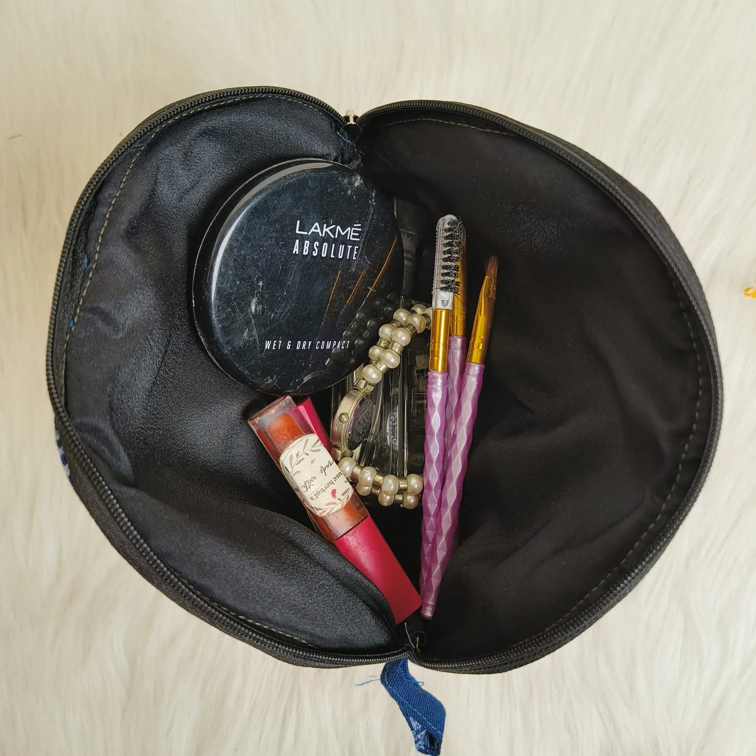 Sarus Crane Series Half Moon Vanity pouch Pink With White Design