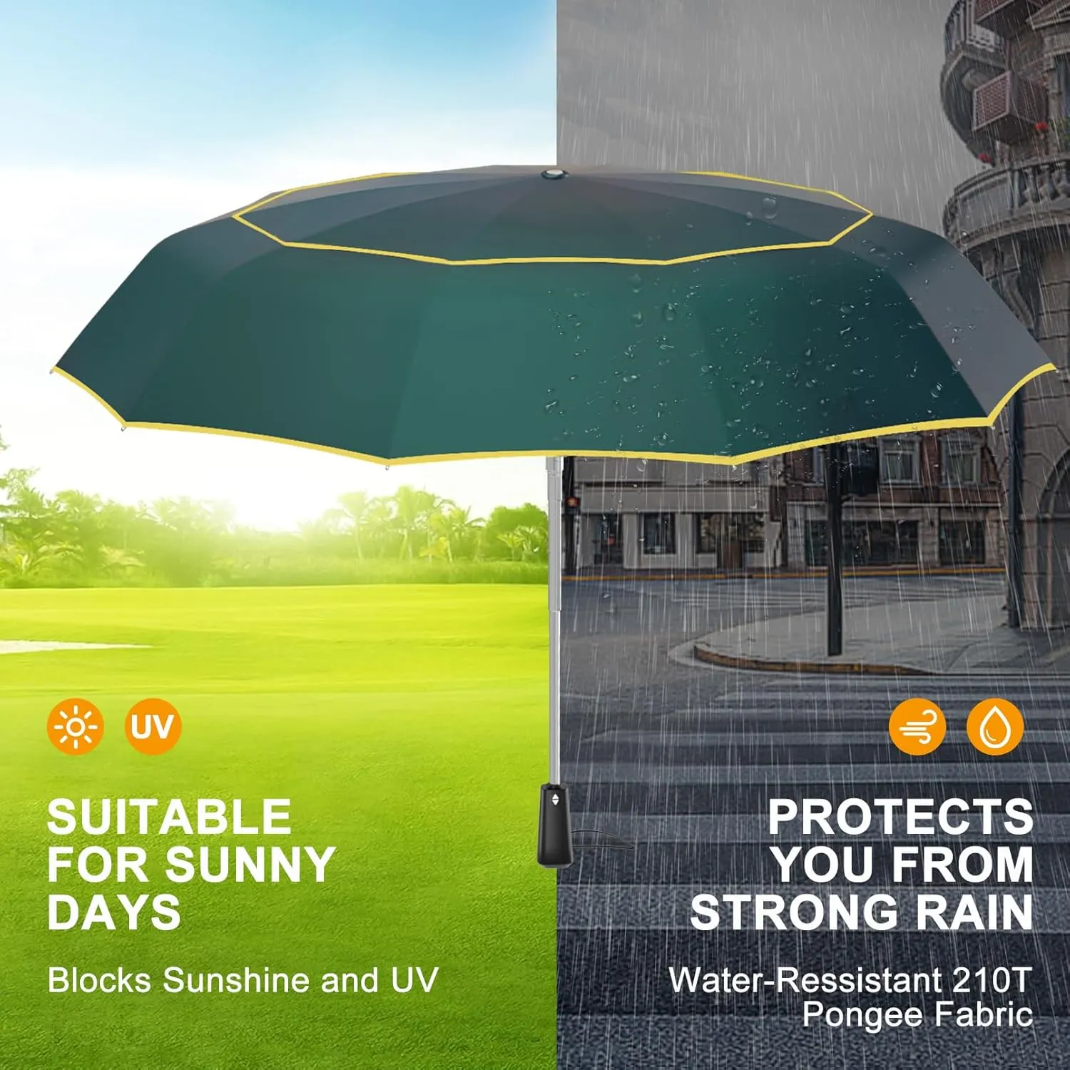 Satol Extra Large Golf Umbrella, 46/54/62 Inch Windproof 10 Ribs Vented Double Canopy Reflective Strips Automatic Open/Close Waterproof UV Protection Portable Compact Umbrella for Outdoor & Travel