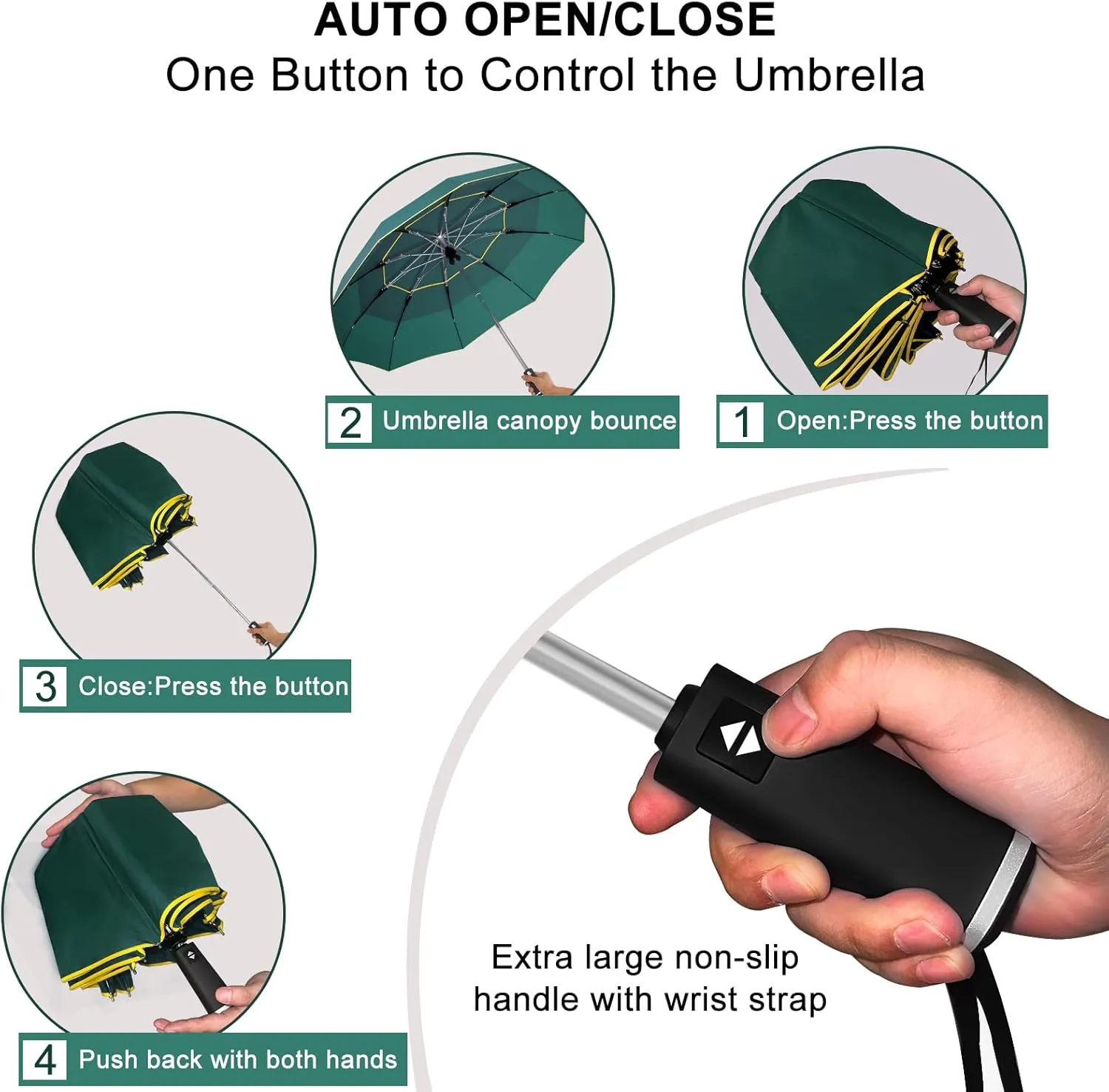 Satol Extra Large Golf Umbrella, 46/54/62 Inch Windproof 10 Ribs Vented Double Canopy Reflective Strips Automatic Open/Close Waterproof UV Protection Portable Compact Umbrella for Outdoor & Travel