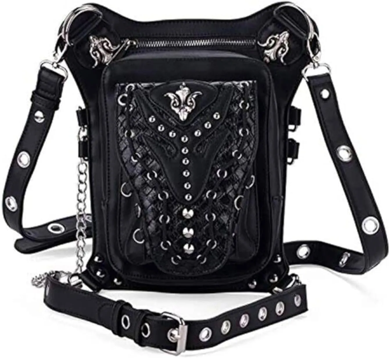Steampunk Waist Bag Fanny Pack Fashion Gothic Leather Shoulder Crossbody Messenger Bags Thigh Leg Hip Holster Purse Travel Pouch Hiking Sport Chain Bags for Women Men
