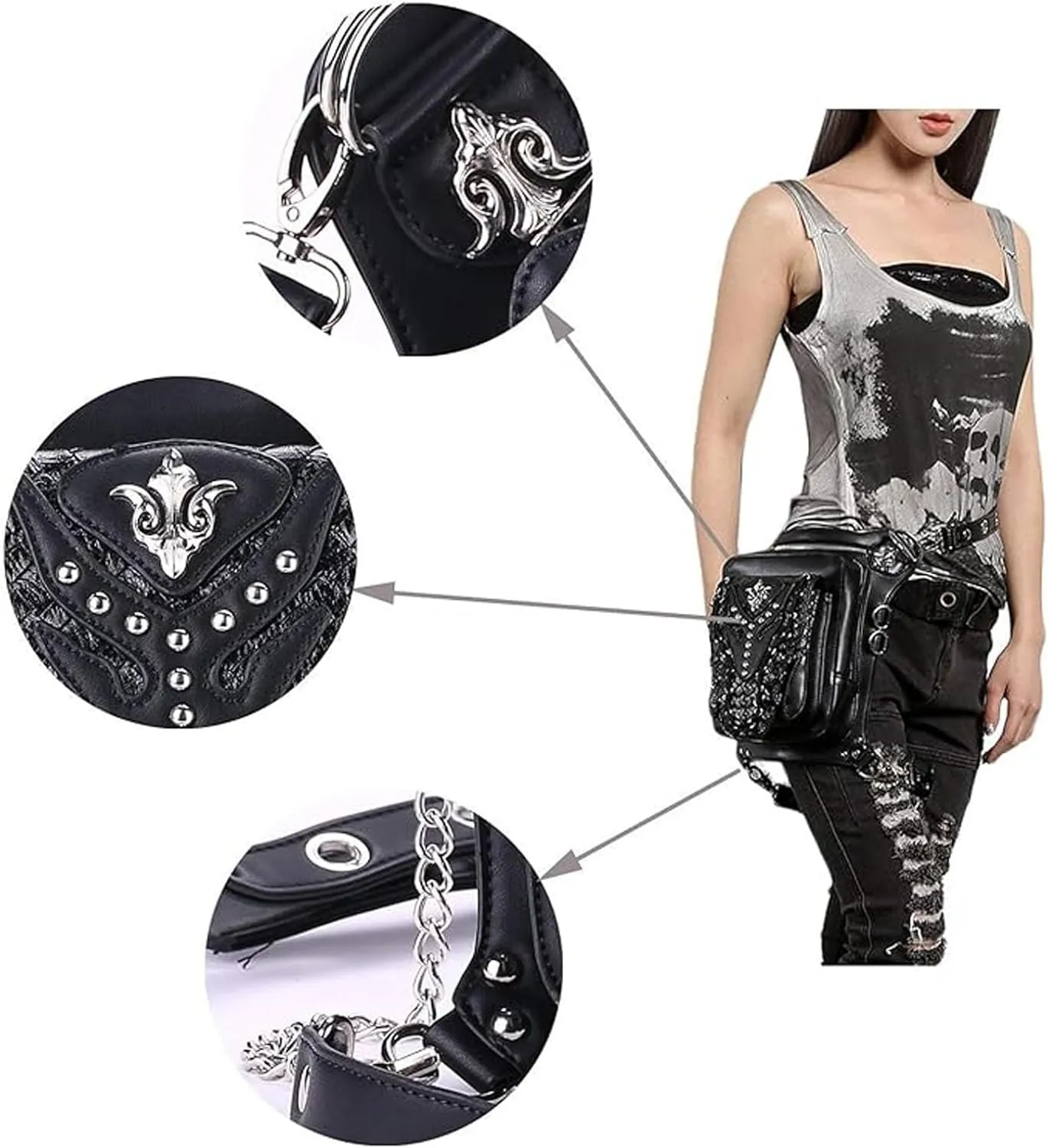 Steampunk Waist Bag Fanny Pack Fashion Gothic Leather Shoulder Crossbody Messenger Bags Thigh Leg Hip Holster Purse Travel Pouch Hiking Sport Chain Bags for Women Men