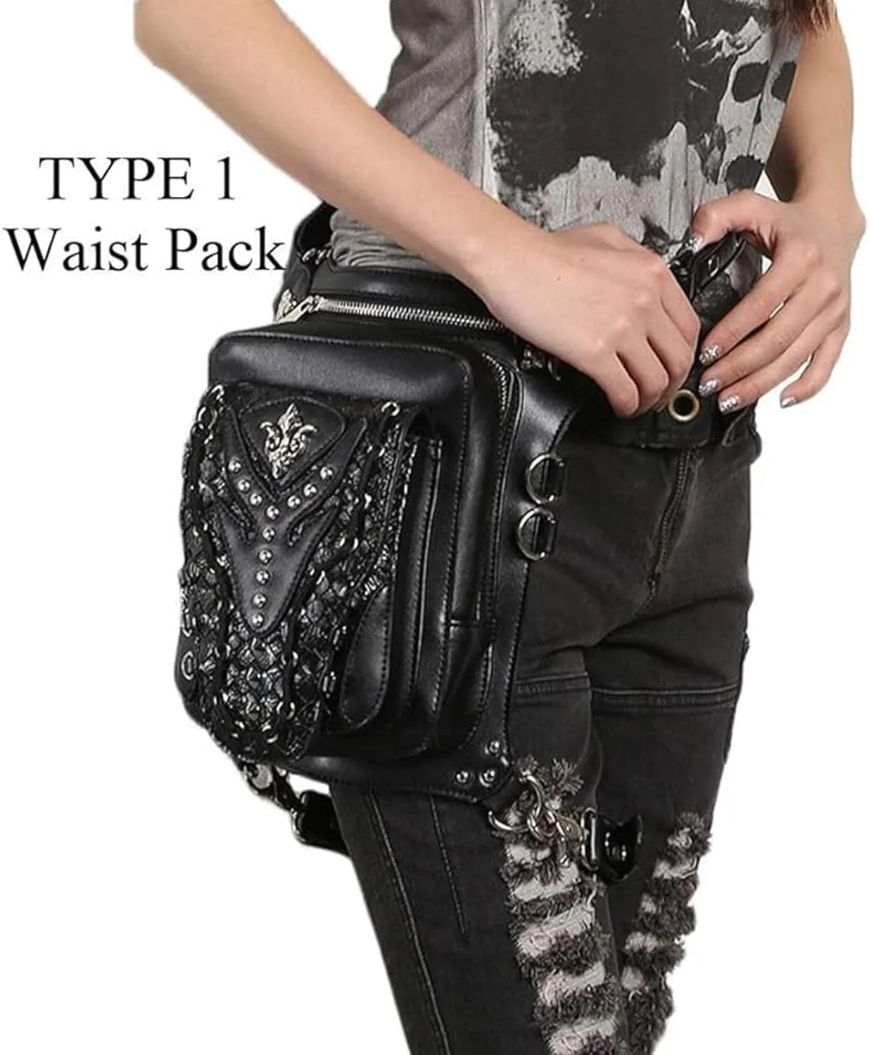 Steampunk Waist Bag Fanny Pack Fashion Gothic Leather Shoulder Crossbody Messenger Bags Thigh Leg Hip Holster Purse Travel Pouch Hiking Sport Chain Bags for Women Men