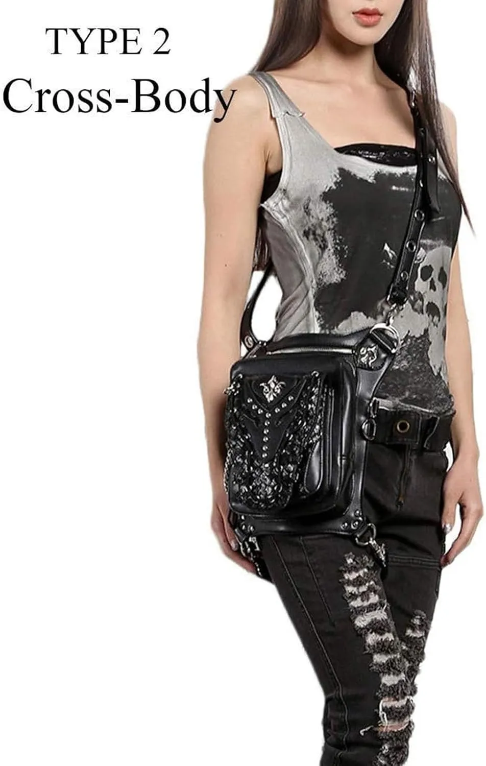 Steampunk Waist Bag Fanny Pack Fashion Gothic Leather Shoulder Crossbody Messenger Bags Thigh Leg Hip Holster Purse Travel Pouch Hiking Sport Chain Bags for Women Men