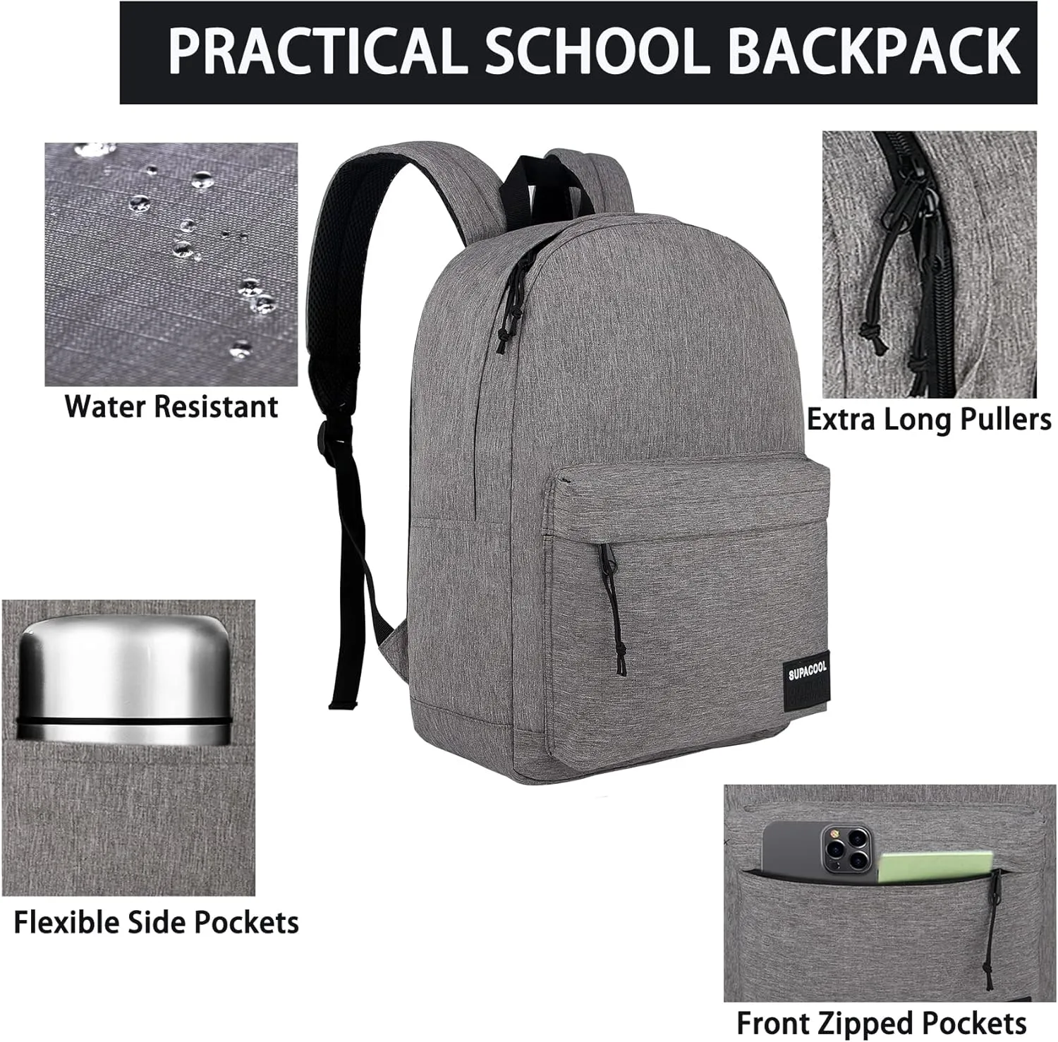SUPACOOL Casual Laptop Backpack for Men and Women, Backpack for College, USB Charging Port, Lightweight Pack Back(Light grey)