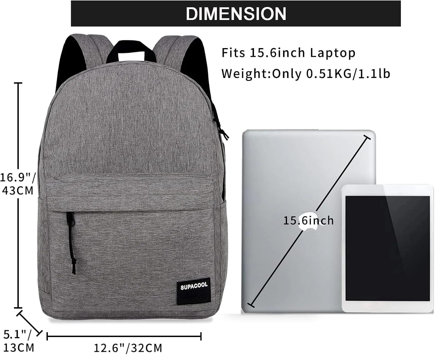 SUPACOOL Casual Laptop Backpack for Men and Women, Backpack for College, USB Charging Port, Lightweight Pack Back(Light grey)
