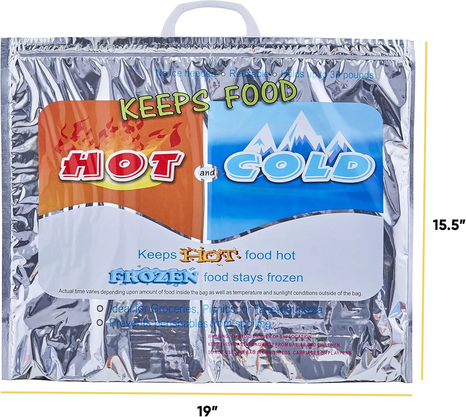 Superio Hot and Cold Insulated Bags for Food Delivery, Grocery Shopping Bags, Food Storage for Hot and Frozen Food for Travel, Disposable Cooler Bag, Reinforced Thermal Lunch Bag (1, 19"x5.5"x15.5")