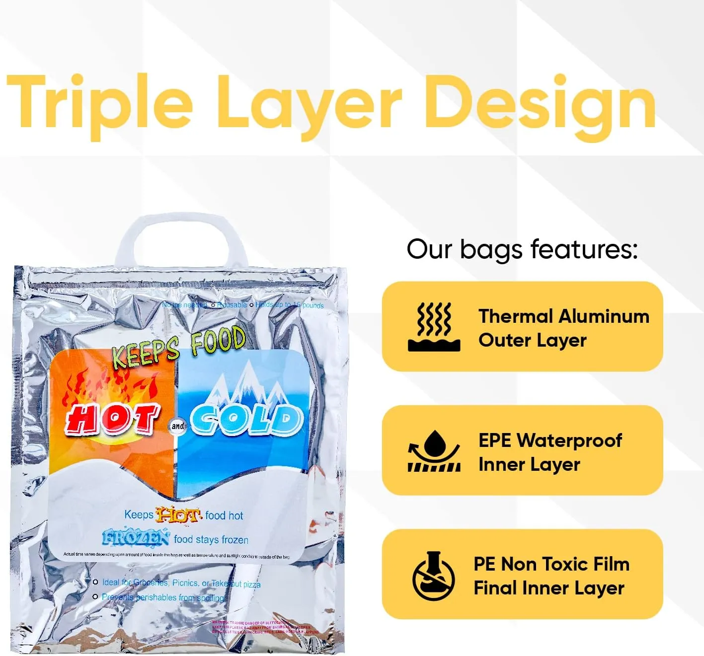 Superio Hot and Cold Insulated Bags for Food Delivery, Grocery Shopping Bags, Food Storage for Hot and Frozen Food for Travel, Disposable Cooler Bag, Reinforced Thermal Lunch Bag (2, 16"x5.5"x19")