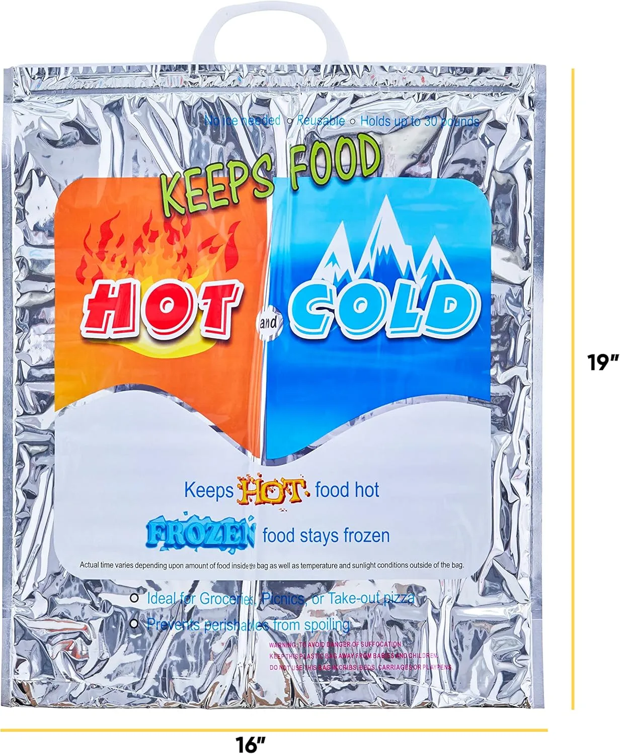 Superio Hot and Cold Insulated Bags for Food Delivery, Grocery Shopping Bags, Food Storage for Hot and Frozen Food for Travel, Disposable Cooler Bag, Reinforced Thermal Lunch Bag (2, 16"x5.5"x19")