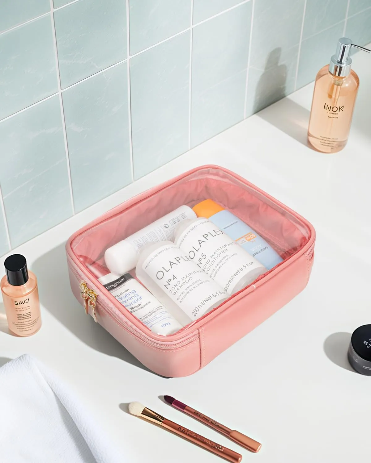 TSA Approved Toiletry Bag - Clear Makeup Bag, Unique Appearance, 1 Pack Clear Travel Bags Hold Lots of Items Also Great for Organizing Car Console (Large Pink)
