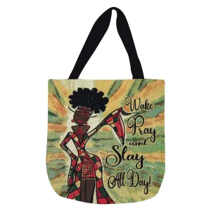 Wake, Pray, and Slay All Day Woven Tote Bag