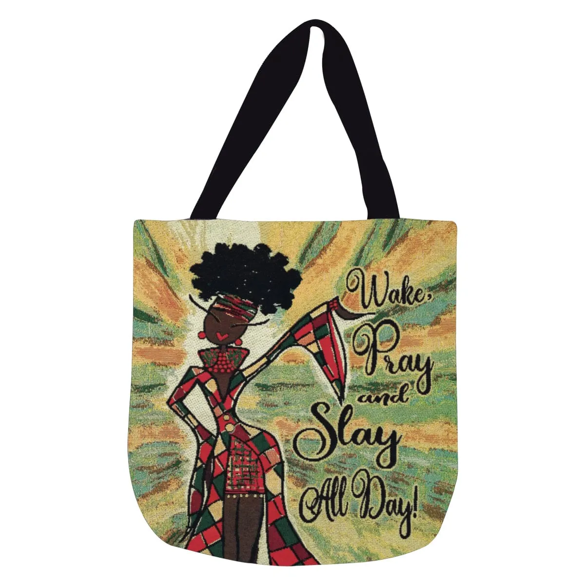 Wake, Pray, and Slay All Day Woven Tote Bag