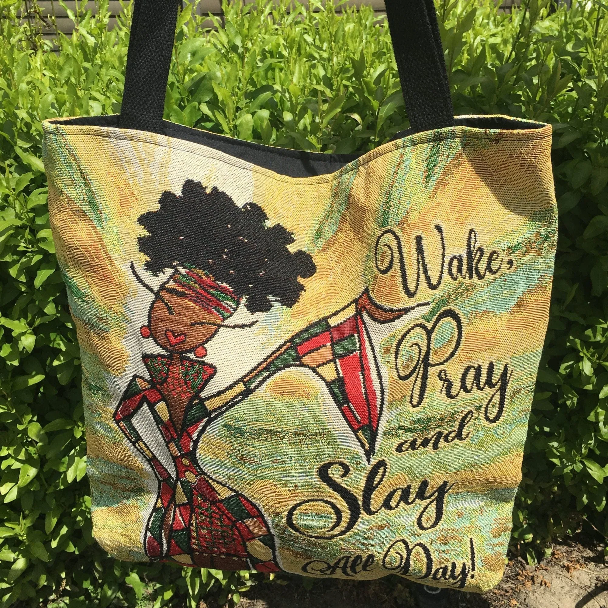Wake, Pray, and Slay All Day Woven Tote Bag