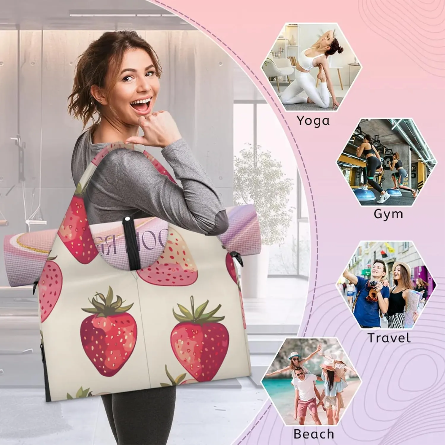 Yoga Tote Bag for Women Strawberry Pattern Beach Bag with Shoe Storage & Yoga Mat Strap Waterproof Weekender Duffle Bag for Travel Fitness Weekend Trips