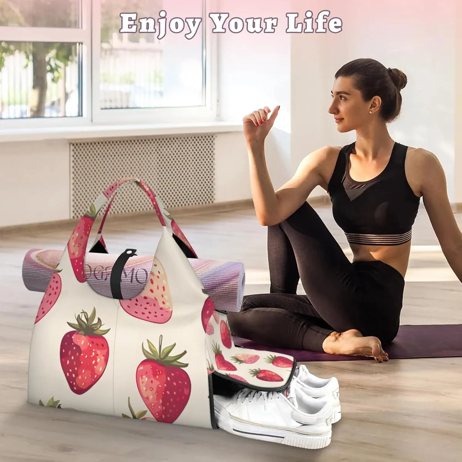 Yoga Tote Bag for Women Strawberry Pattern Beach Bag with Shoe Storage & Yoga Mat Strap Waterproof Weekender Duffle Bag for Travel Fitness Weekend Trips