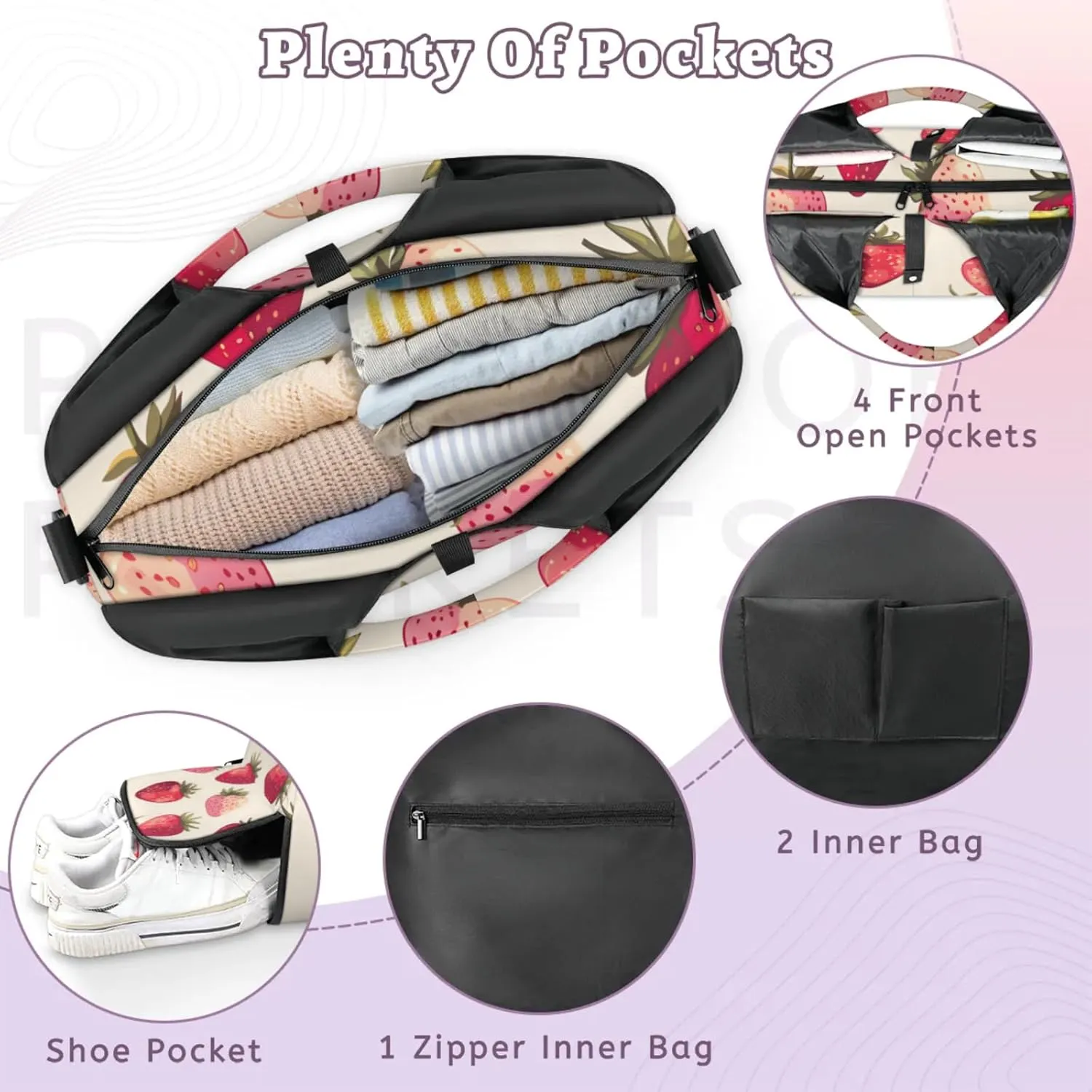 Yoga Tote Bag for Women Strawberry Pattern Beach Bag with Shoe Storage & Yoga Mat Strap Waterproof Weekender Duffle Bag for Travel Fitness Weekend Trips