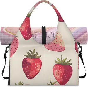 Yoga Tote Bag for Women Strawberry Pattern Beach Bag with Shoe Storage & Yoga Mat Strap Waterproof Weekender Duffle Bag for Travel Fitness Weekend Trips